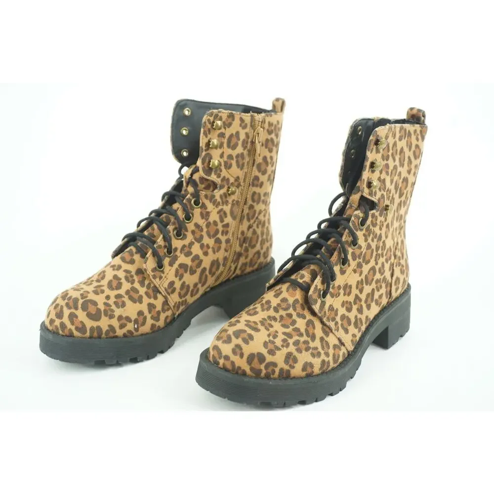 Mia Miki Combat Leopard Print Lug Ankle Boots Size 6.5 Zip Lace Up Brown